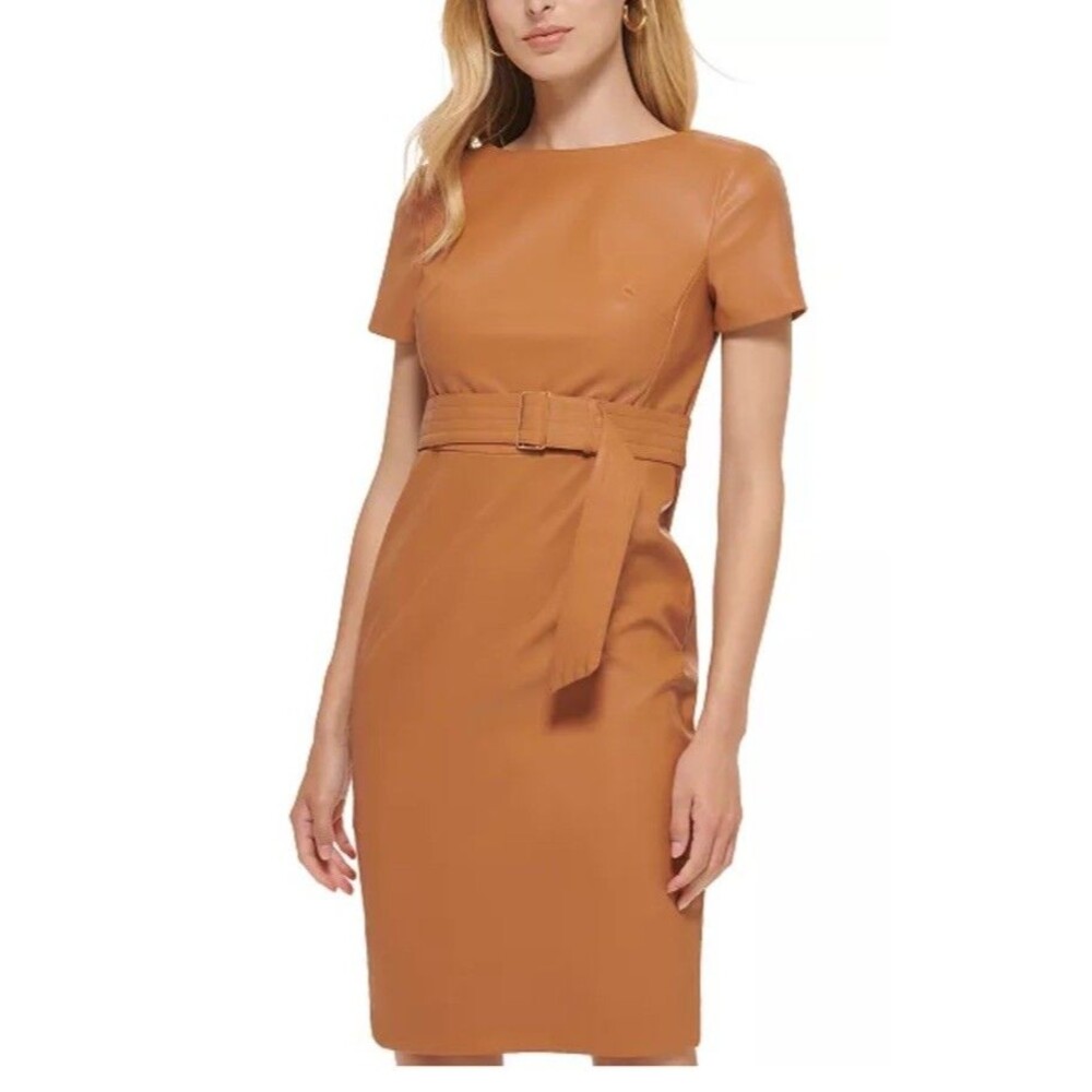 NWOT CALVIN KLEIN Beige-Luggage Sz.8 Faux Leather Dress Belted Exposed Back Zip